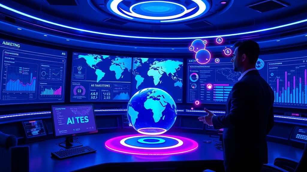 A sleek, neon-lit command center with holographic screens displaying AI marketing dashboards, a glowing 3D globe representing global reach, and a human silhouette in a sharp suit interacting with floating AI icons, all bathed in electric blues and purples.