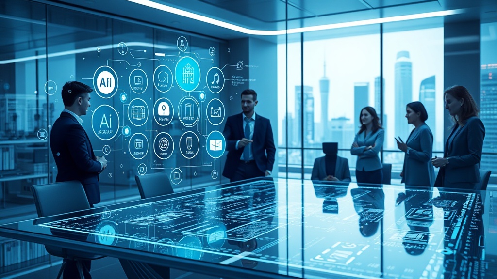 A sleek, futuristic office with a glowing holographic interface displaying multiple AI tool icons, a diverse business team collaborating around a transparent touch table, and a subtle neon cityscape in the background, all bathed in cool blue and silver tones. The scene radiates high‑tech energy, with dynamic data streams and abstract AI algorithms swirling around the devices to illustrate the power of AI‑driven business solutions in 2026.