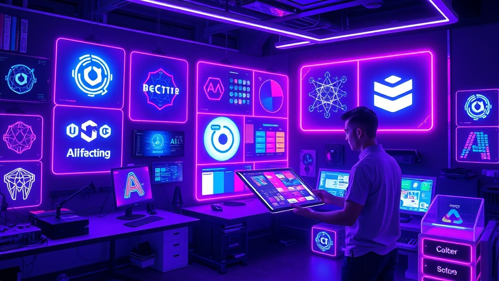 A futuristic design studio with glowing holographic screens displaying AI‑generated logos and color palettes, a designer interacting with a floating digital tablet, all bathed in electric blue and neon magenta light, symbolizing rapid visual creation.