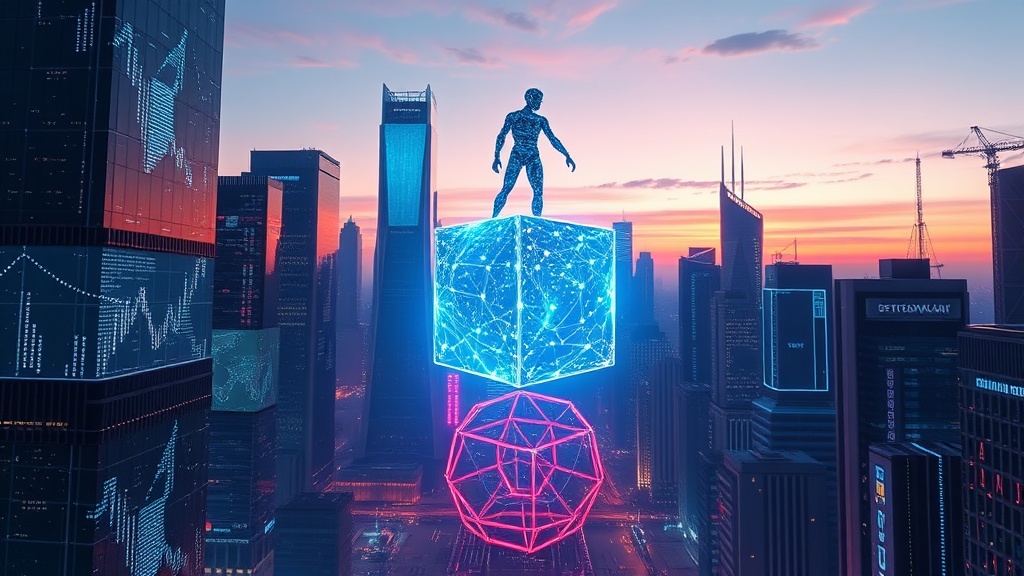 A sleek, cyber‑punk cityscape at dusk, with towering holographic screens streaming streams of glowing data points and a humanoid AI silhouette hovering above, manipulating a 3D data cube that glows with pulsing neural‑network patterns. The scene radiates neon blues and purples, evoking advanced AI-driven analytics in a dynamic, high‑tech environment.