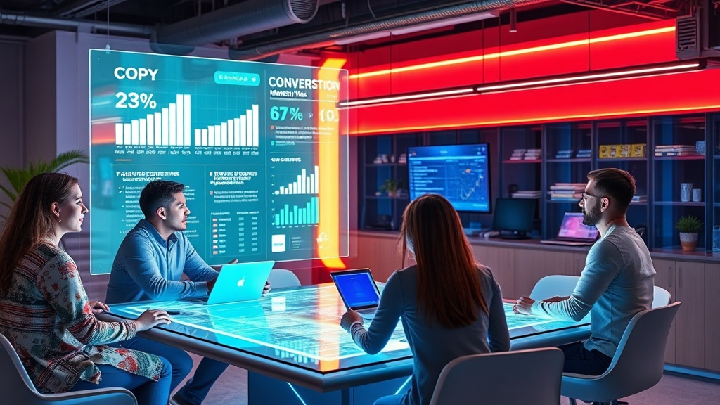 A vibrant, futuristic marketing hub where an AI-powered holographic assistant streams real‑time copy and conversion metrics onto a translucent screen, while a diverse team of marketers engages around a glowing interactive table.