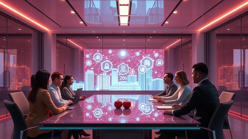 A sleek, neon‑lit conference room with a holographic screen displaying a dynamic network of AI icons, where a diverse team of professionals in modern business attire collaborate around a glass table, while a stylized 2026 city skyline glows in the background.