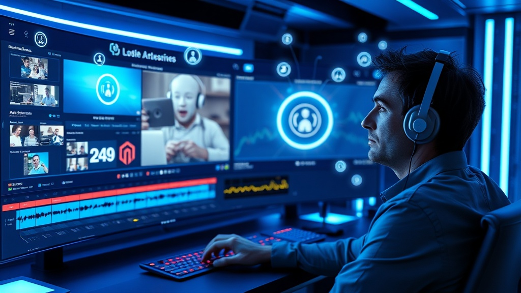 A sleek, futuristic video editing workstation with holographic timelines, glowing AI icons, and a human operator with a contemplative expression, surrounded by floating video clips and AI-generated captions. The scene is illuminated by a neon blue glow, reflecting the cutting‑edge technology and creative possibilities of AI‑driven editing.