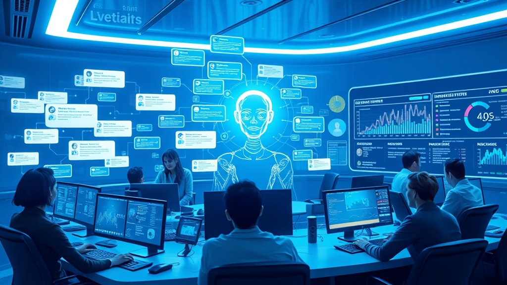 A sleek, futuristic control room with holographic chat bubbles and a glowing AI avatar guiding a diverse team of support agents, surrounded by floating data streams and dynamic ticket dashboards, bathed in cool blue light. The scene conveys speed, intelligence, and seamless channel integration, with subtle neon accents highlighting the AI’s predictive routing.