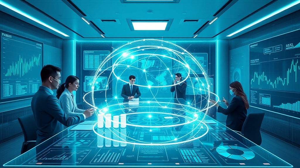A sleek, futuristic finance office where holographic spreadsheets dissolve into glowing AI neural‑network overlays, with bright neon data streams swirling around a central desk, symbolizing automation and real‑time insight. The scene is bathed in soft blue and green lights, with a diverse team of professionals interacting with transparent digital dashboards that pulse with dynamic financial metrics.