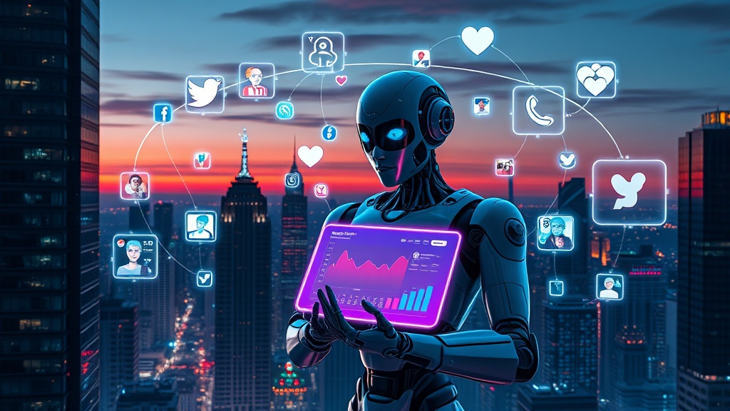 A sleek, neon‑lit cityscape at dusk, with holographic social media icons orbiting a humanoid robot, glowing data streams weaving between skyscrapers like digital vines. The robot holds a translucent tablet displaying a vibrant analytics dashboard, surrounded by floating screens of trending posts in a subtle cyberpunk aesthetic.