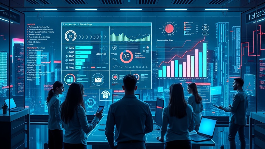 A sleek, high‑tech workspace features a translucent holographic dashboard projecting animated project timelines, AI analytics, and a glowing ranking bar. A diverse team of professionals interacts with floating touch controls, surrounded by neon‑lit skyline and cascading digital data streams.