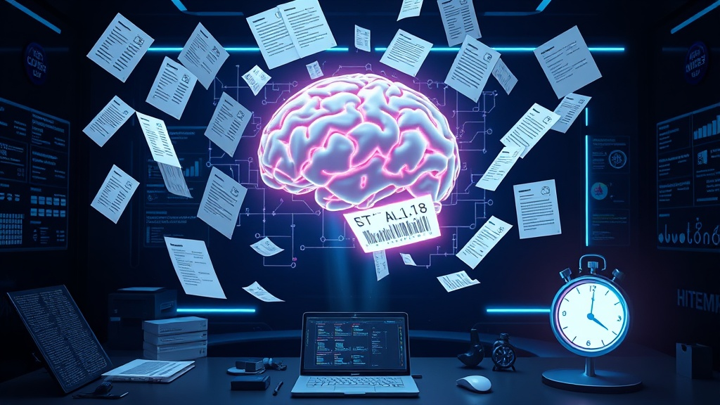 A high‑tech HR command center with floating holographic resumes swirling around a glowing AI brain, while compliance checklists and a digital stopwatch pulse in neon blue accents.