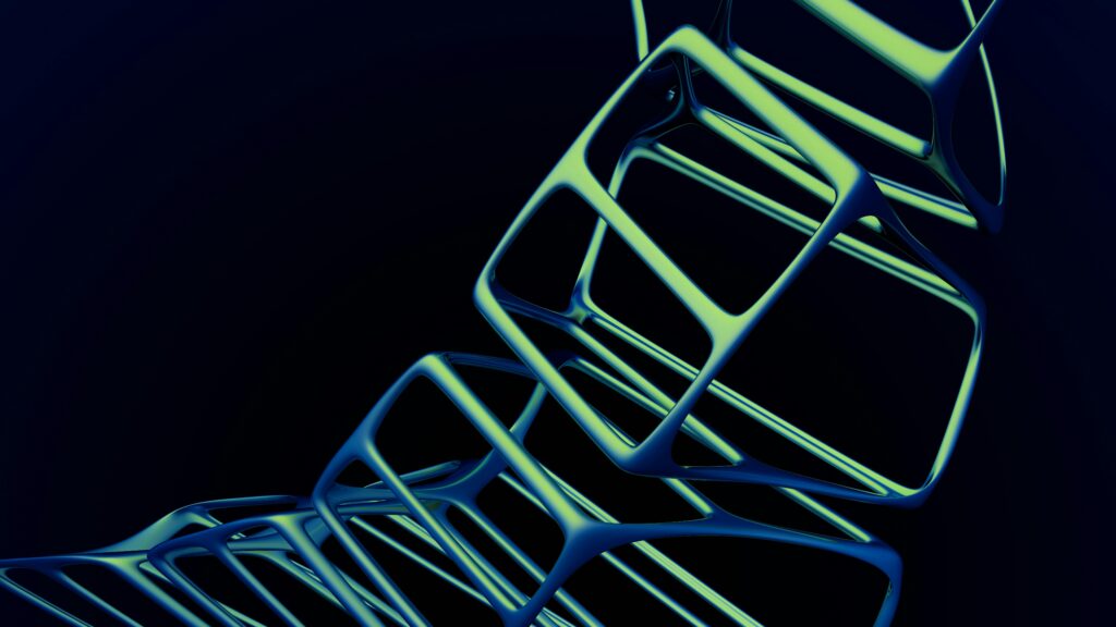 A digital artwork featuring luminous 3D geometric shapes in a dark abstract style.