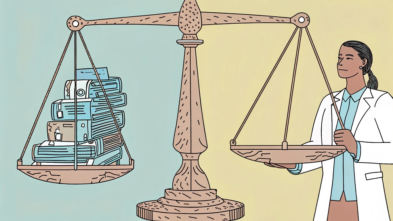 A scale balancing AI technology and compliance documents, symbolizing the challenge healthcare administrators face.