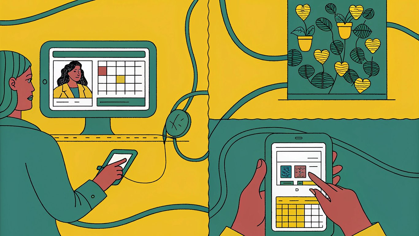 Three panels illustrating different AI use cases: diagnostic assistance, intelligent scheduling, and patient outreach.