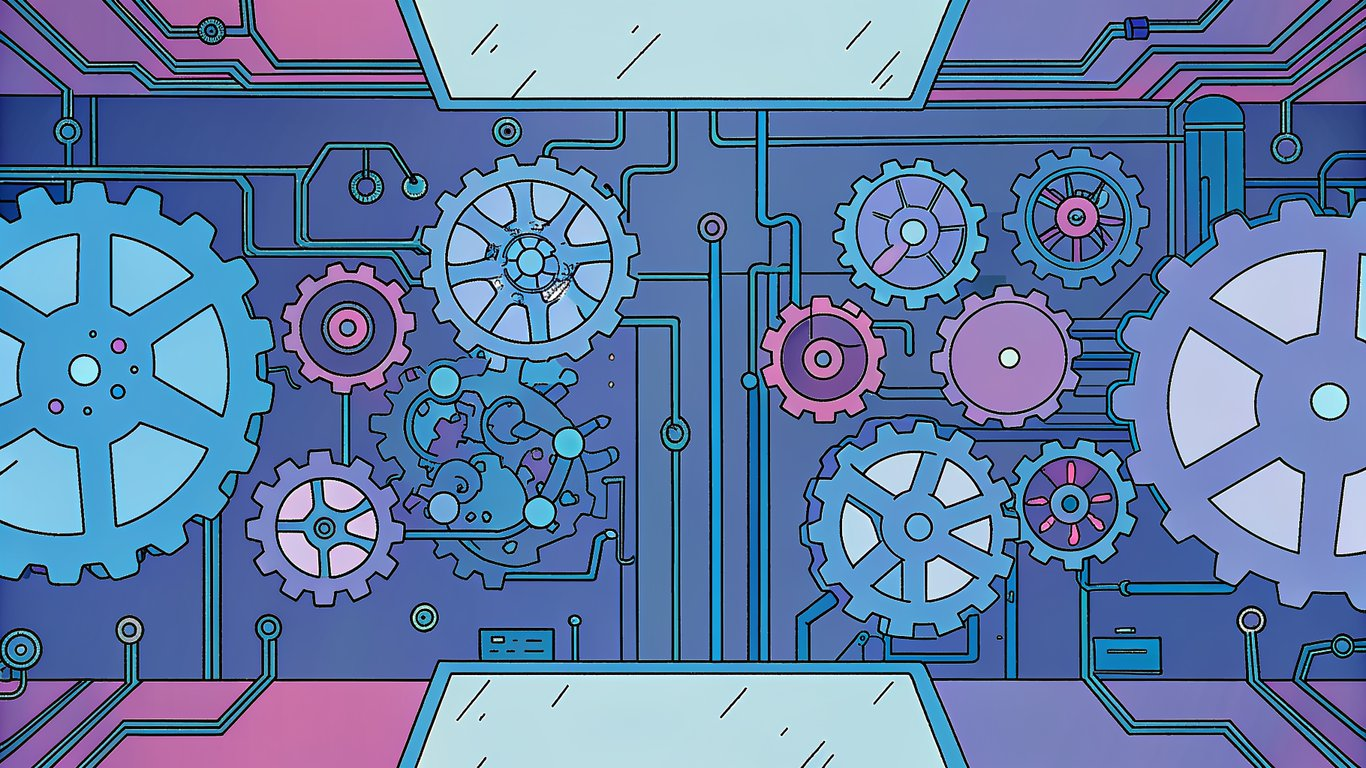 Interconnected gears and data streams symbolizing AI automation and collaboration.