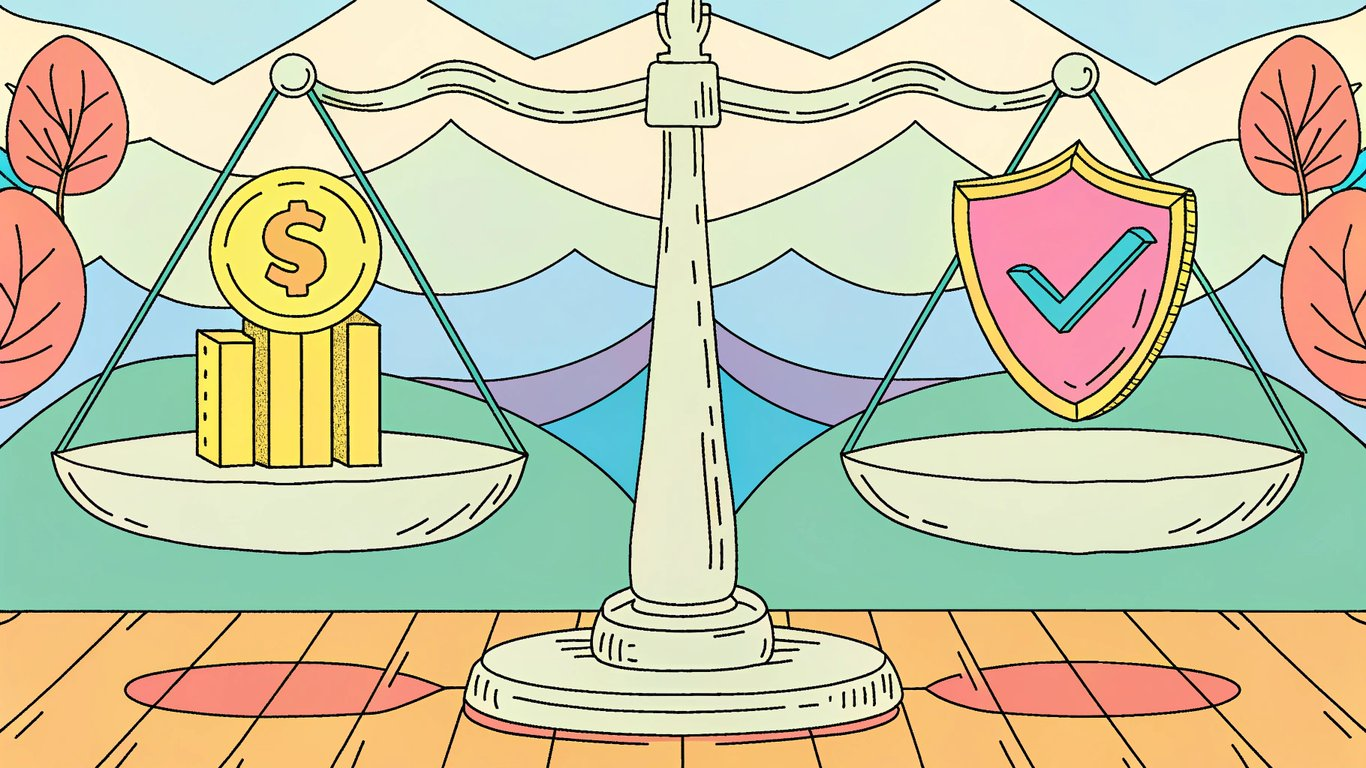 Illustration of a scale balancing cost, compliance, and performance factors for AI solutions.