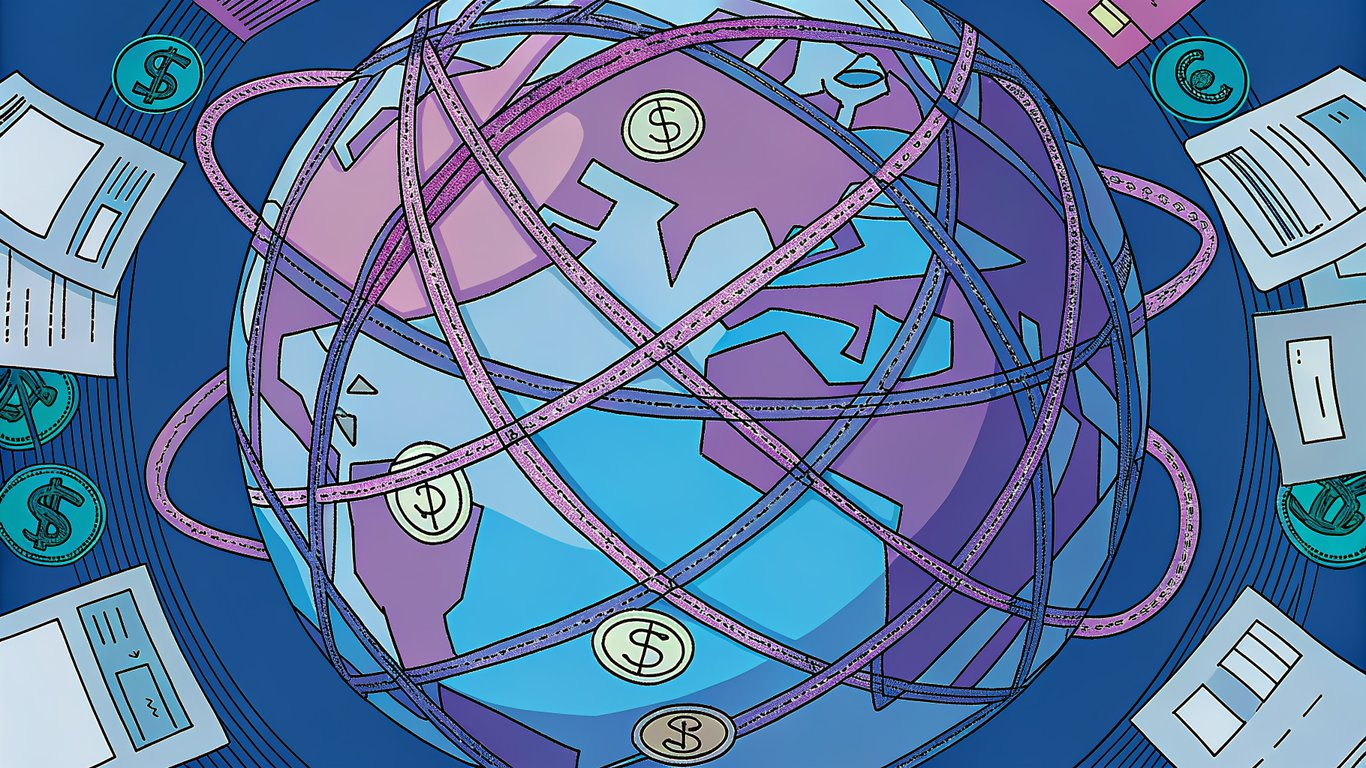 A globe surrounded by legal documents and currency, symbolizing global HR compliance and international hiring.