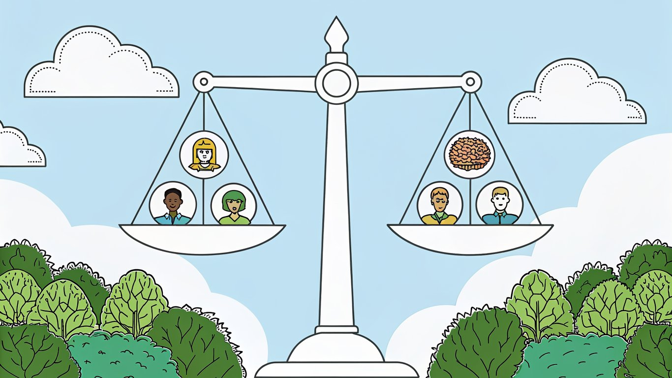 A scale balancing diverse talent and compliance documents, overseen by an AI icon.