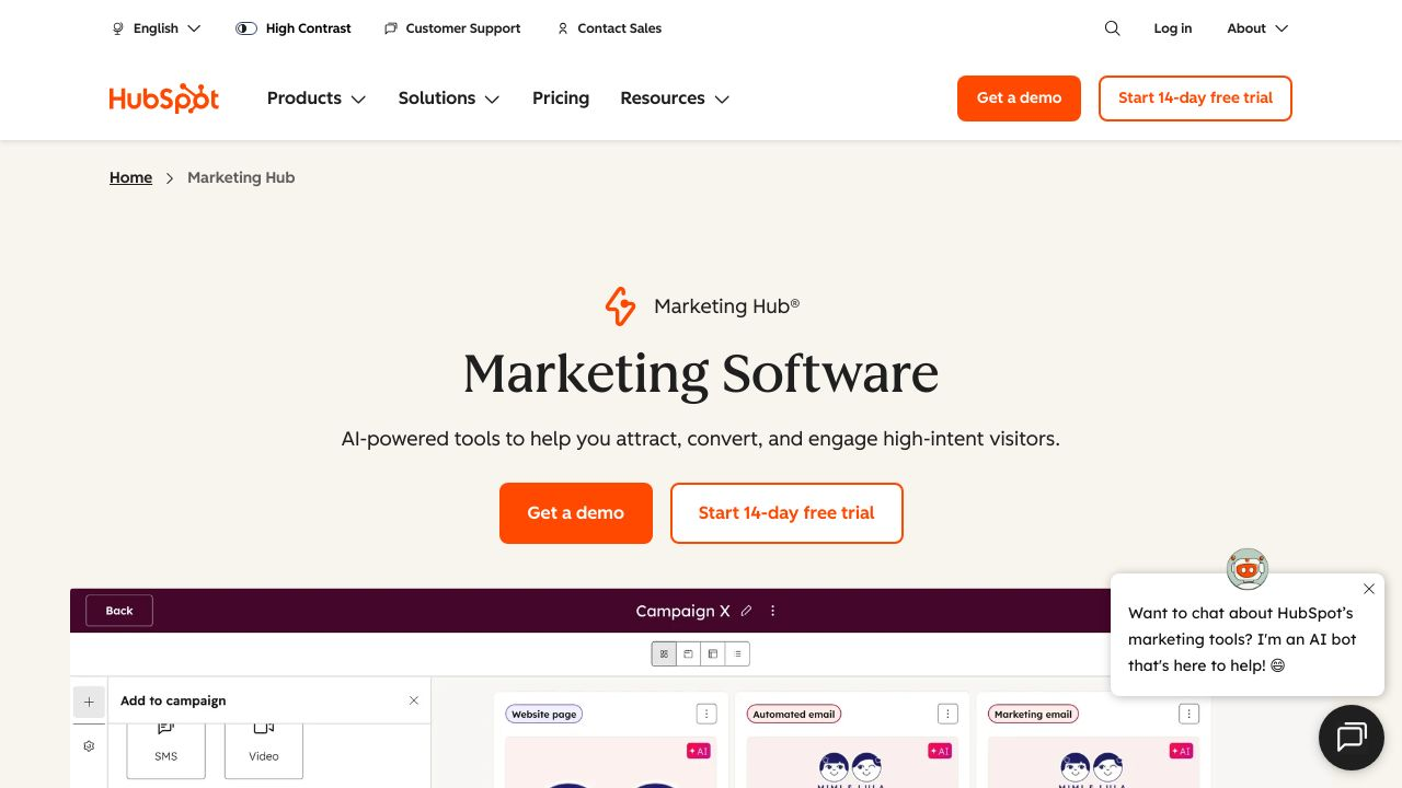 Screenshot of the HubSpot Marketing Hub product page, showcasing its integrated dashboard and various marketing features.
