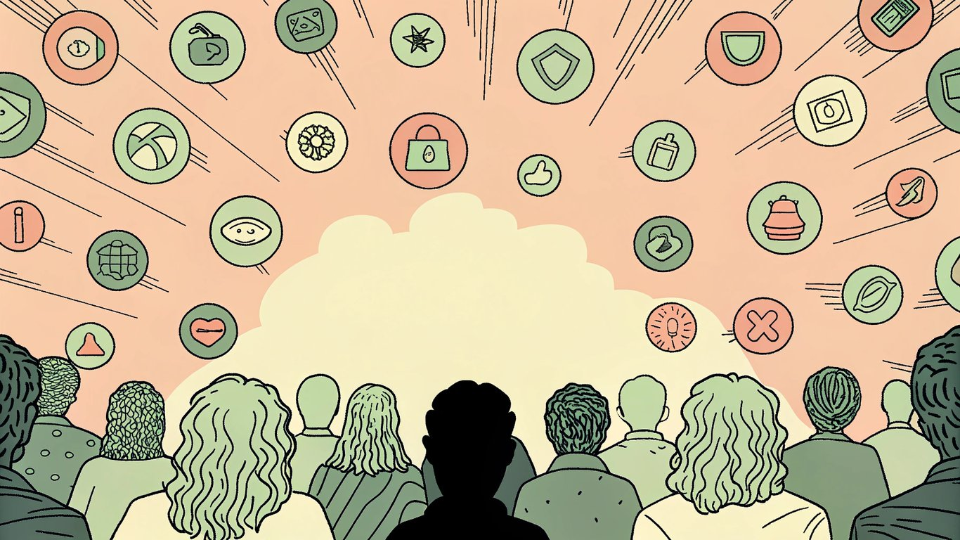 Illustration of a crowded digital space with many AI tool icons, symbolizing the overwhelming number of options available to marketers.