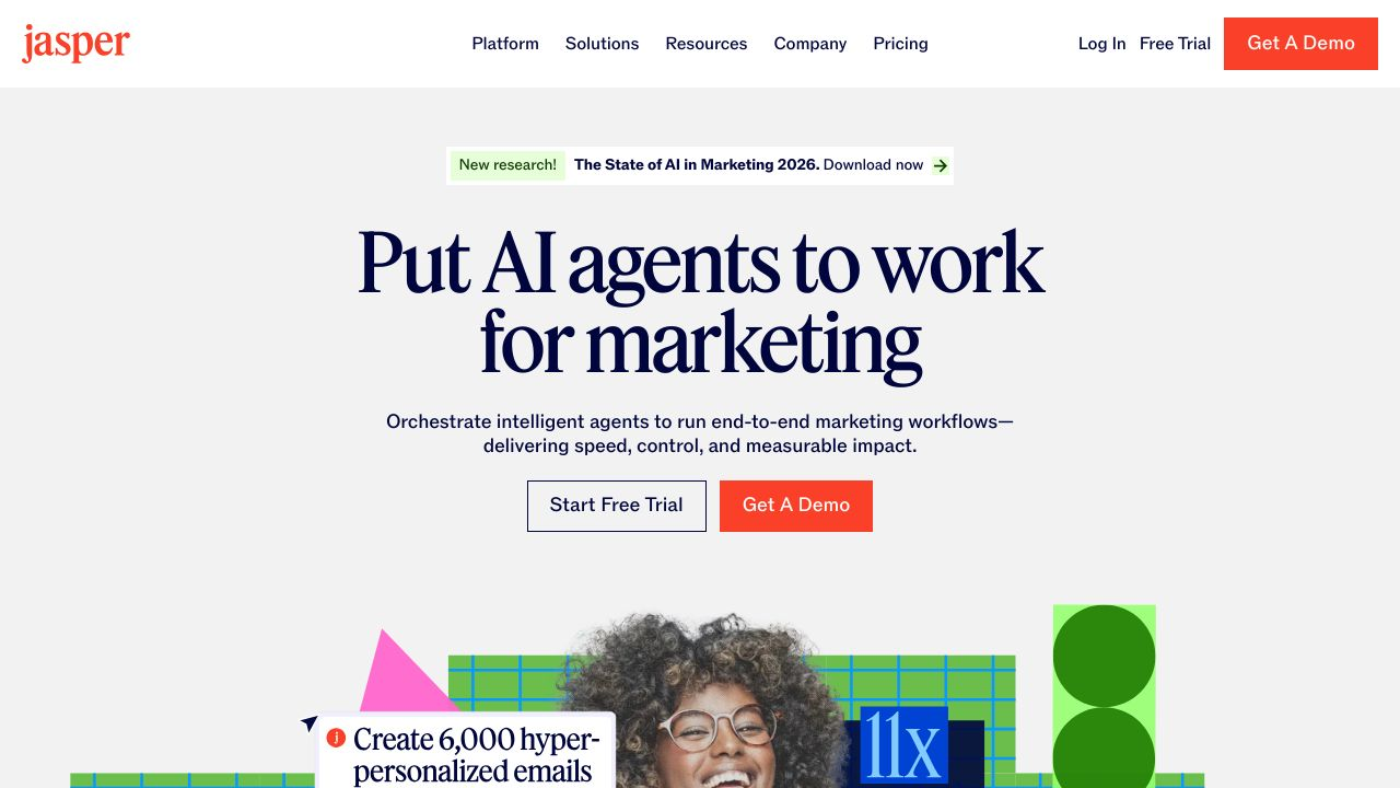 Screenshot of the Jasper AI content generation interface, showing options for creating various types of marketing copy.