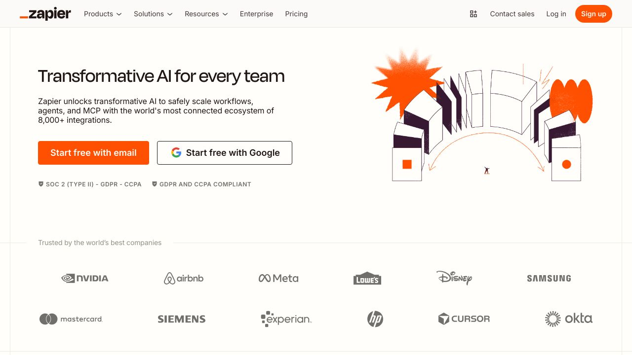 The homepage interface of Zapier, showing examples of app connections and workflow automation.