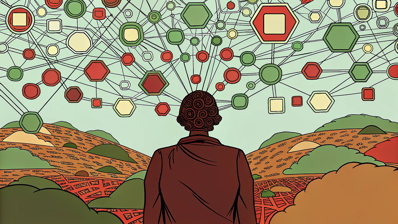 A person looking overwhelmed by a complex network of interconnected AI tools and data, symbolizing the challenge of choosing the right solutions.