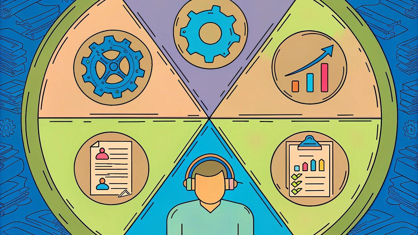 A circular diagram illustrating five categories of AI applications: automation, content creation, analytics, customer service, and operations management.