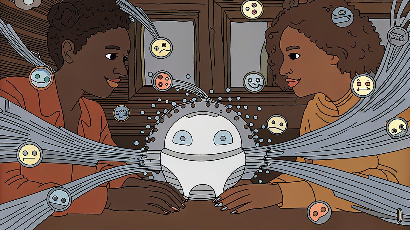 AI assistant helping a social media manager with various tasks, surrounded by social media icons.