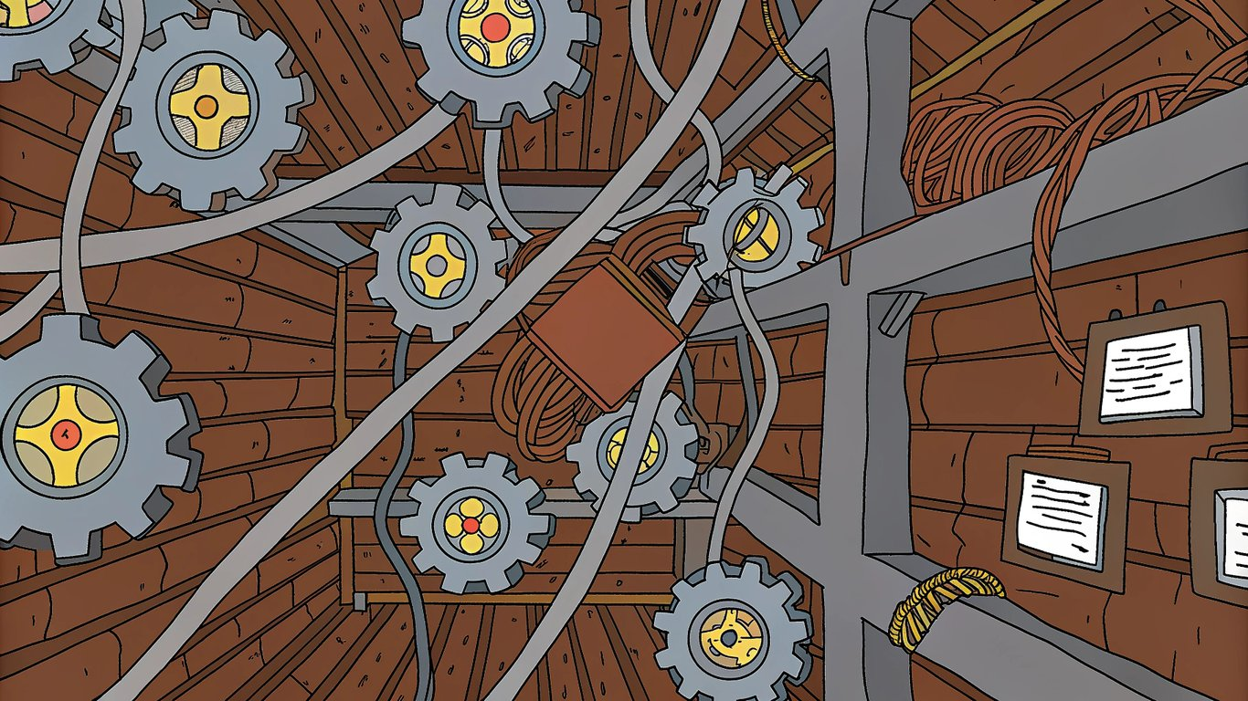 AI streamlining complex social media tasks, represented by gears organizing a tangled web of platforms.