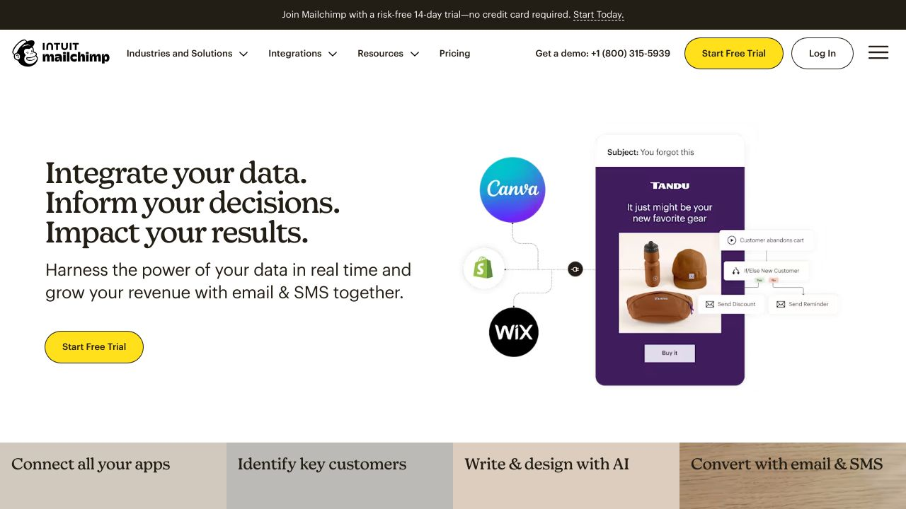 Mailchimp homepage interface showing email marketing features.