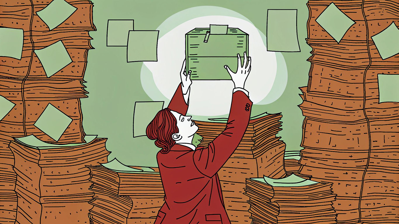 An overwhelmed person surrounded by stacks of paper spreadsheets, with a clean, glowing digital dashboard in the background representing AI.