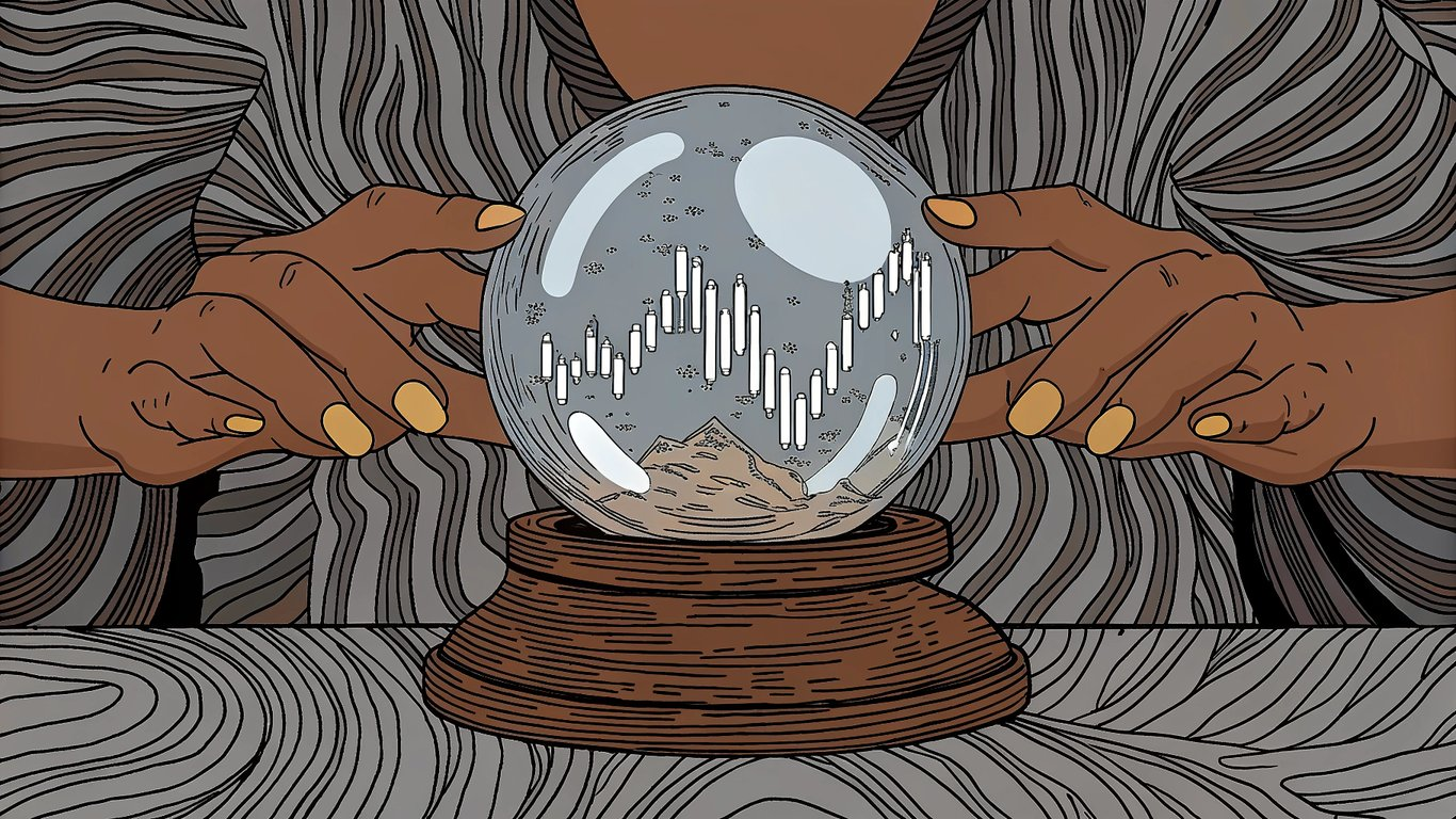 A hand holding a glowing crystal ball that displays future financial charts and data trends.