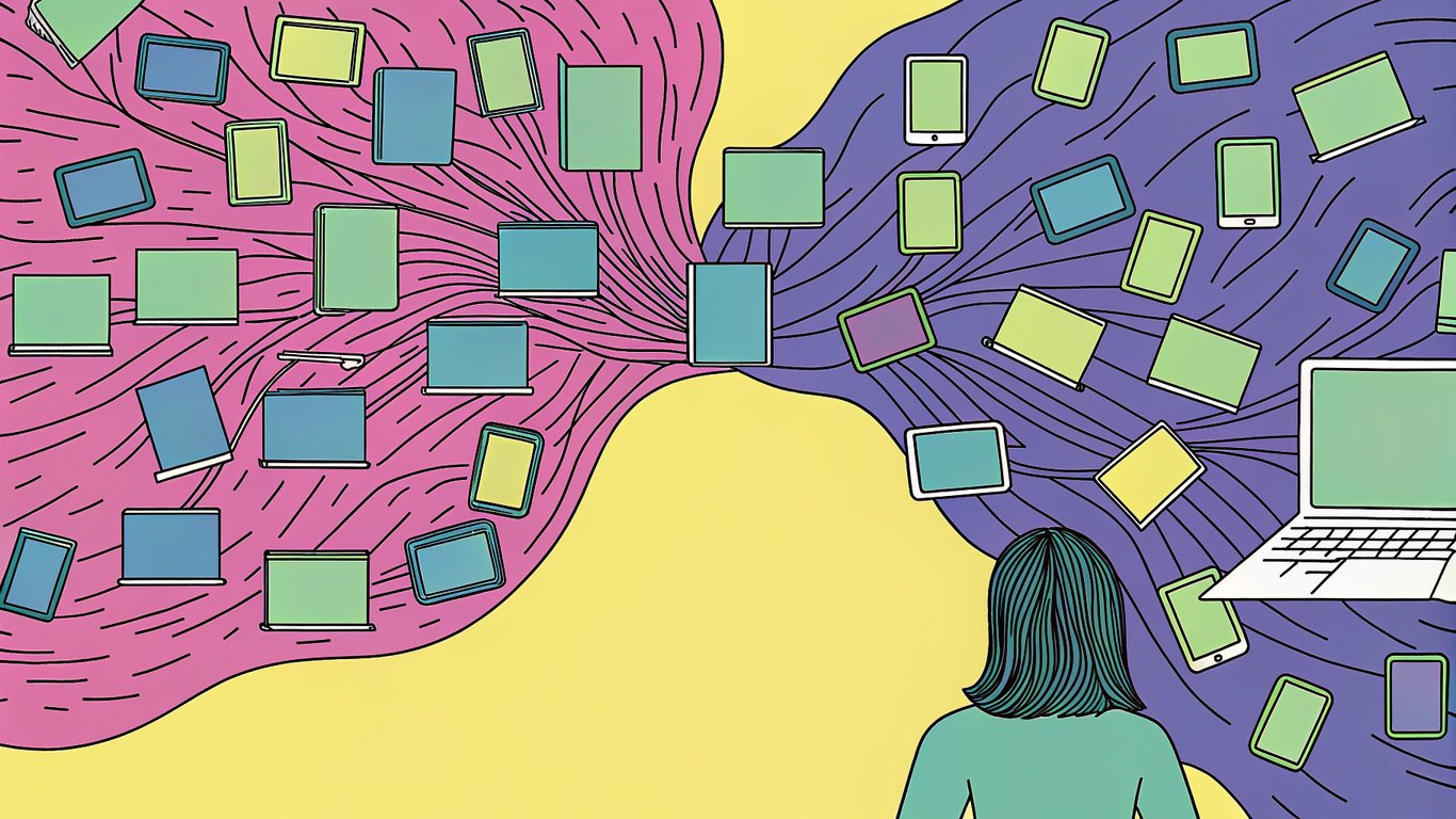 An overwhelmed customer support agent being helped by an AI system managing a flood of tickets.