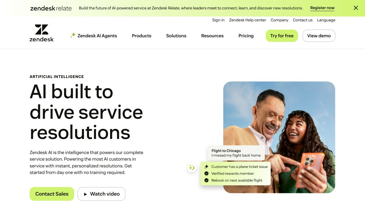 Screenshot of the Zendesk AI for Service webpage, showing its interface and features.