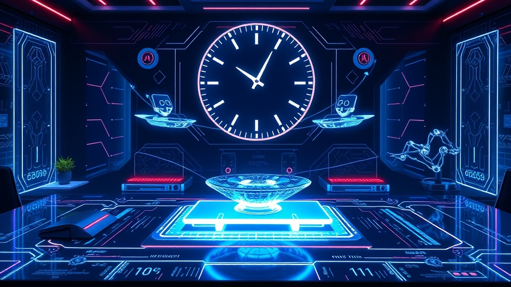 A sleek, futuristic workspace with a glowing holographic desk, floating AI assistants orbiting a central crystal tablet, and a clock with digital hands counting down, all bathed in cool blues and neon accents to symbolize efficient, automated productivity.