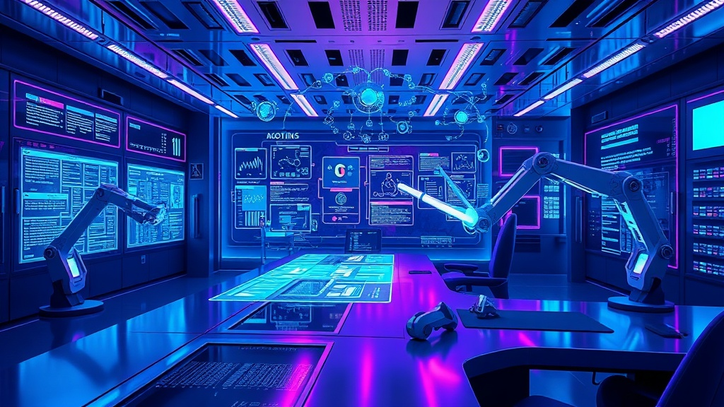 A sleek, cyberpunk control room bathed in neon blues and purples, where transparent holographic workflow diagrams float above polished metal surfaces and robotic arms intertwine with glowing AI neural network overlays, symbolizing the next generation of automated work.