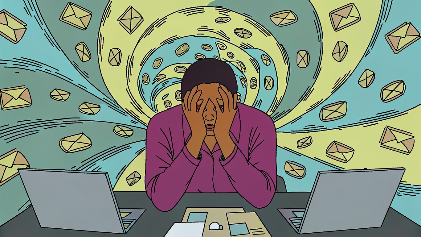 An overwhelmed person at a desk surrounded by digital busywork, symbolizing the productivity crisis.