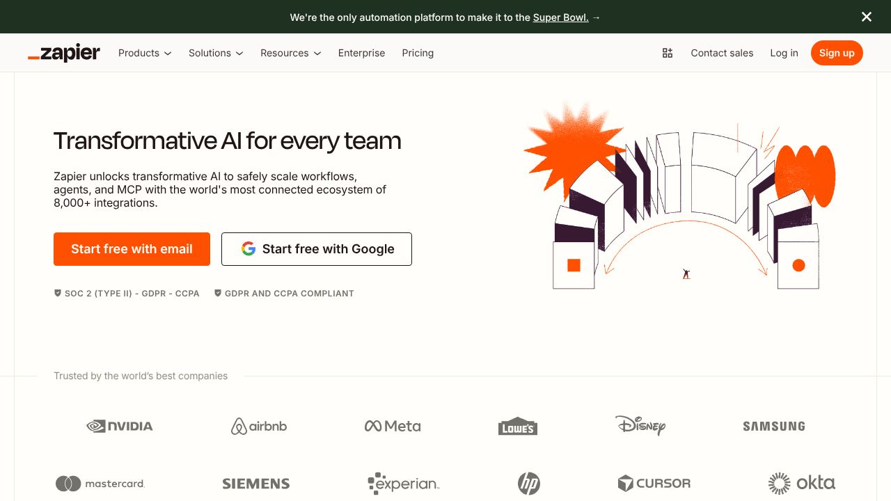 Zapier's homepage showing various app integrations and workflow automation examples.