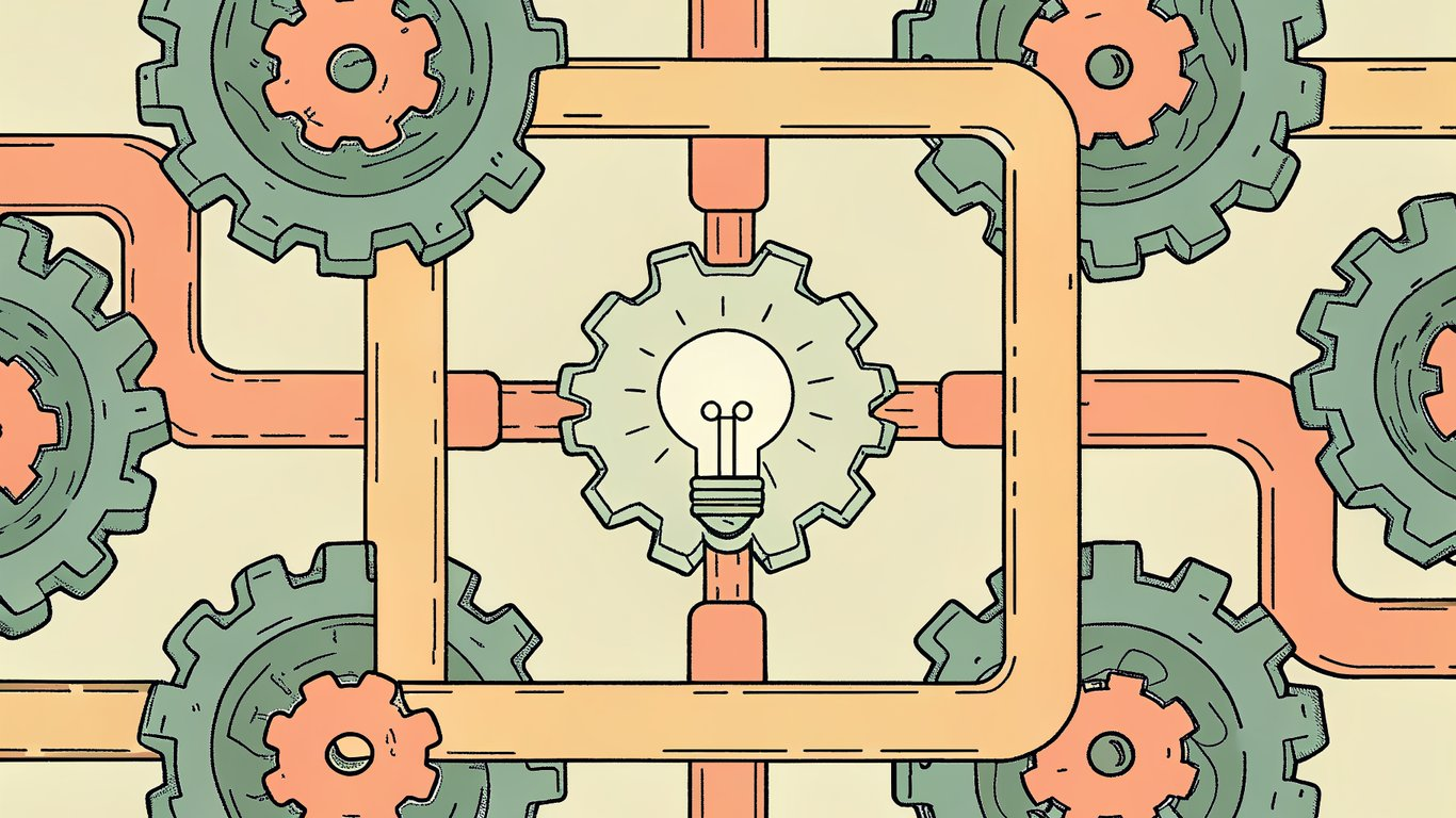 A complex system of gears and pipes being streamlined by a glowing AI core, illustrating efficiency.