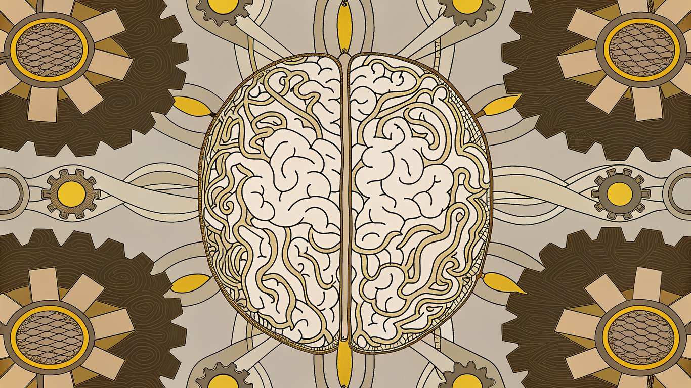 A digital brain connected to gears and data streams, symbolizing AI-driven automation.